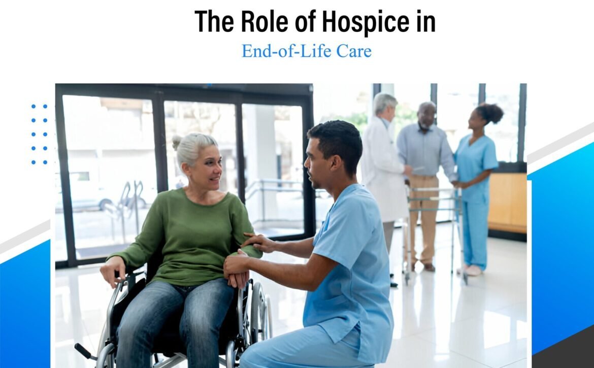 Healthcare worker assisting elderly woman in a wheelchair in a hospice setting, with other medical staff in the background.