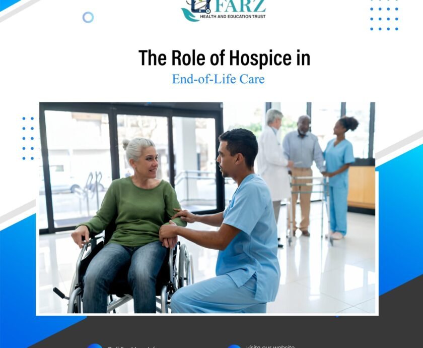 Healthcare worker assisting elderly woman in a wheelchair in a hospice setting, with other medical staff in the background.
