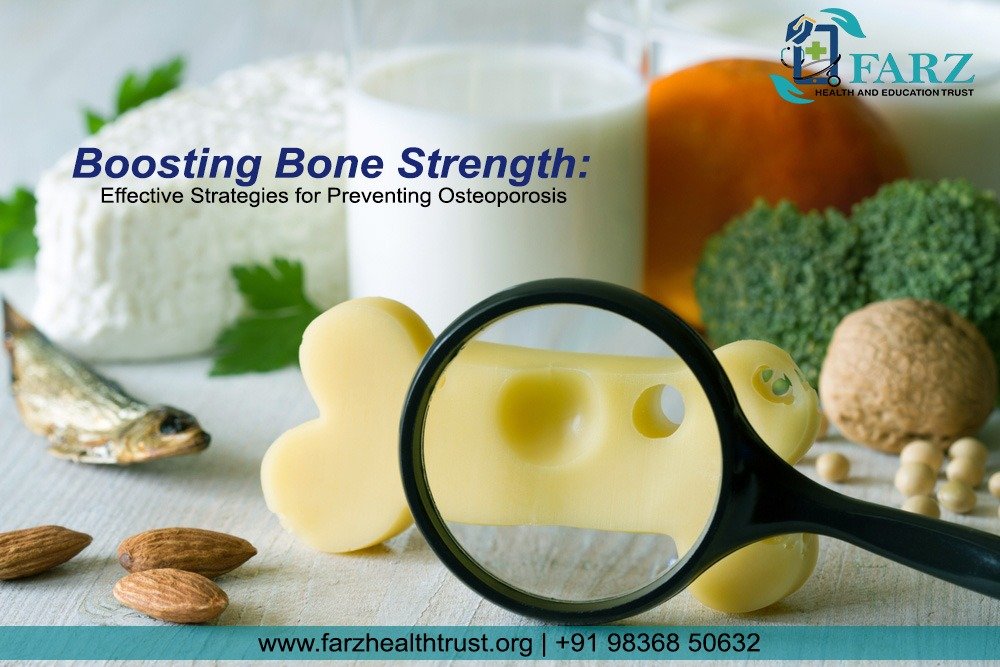 A magnifying glass highlights a bone-shaped cheese among foods rich in calcium like almonds, fish, and broccoli, symbolizing bone health.