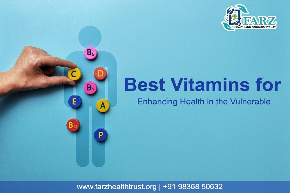 Hand placing vitamin symbols (A, B6, B9, B12, C, D, E, P) on a human figure, promoting health.