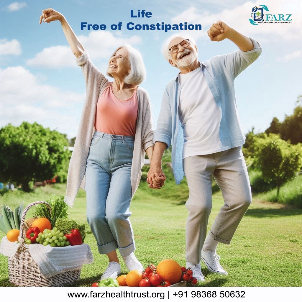 Two elderly people happily walking in a garden with a basket full of fresh fruits and vegetables, symbolizing a healthy lifestyle.