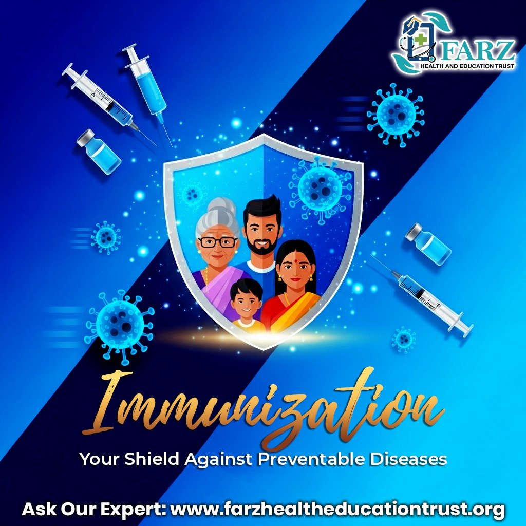 Graphic illustrating immunization as a protective shield around a family against viruses, featuring vaccine syringes and the Farz Health and Education Trust logo.
