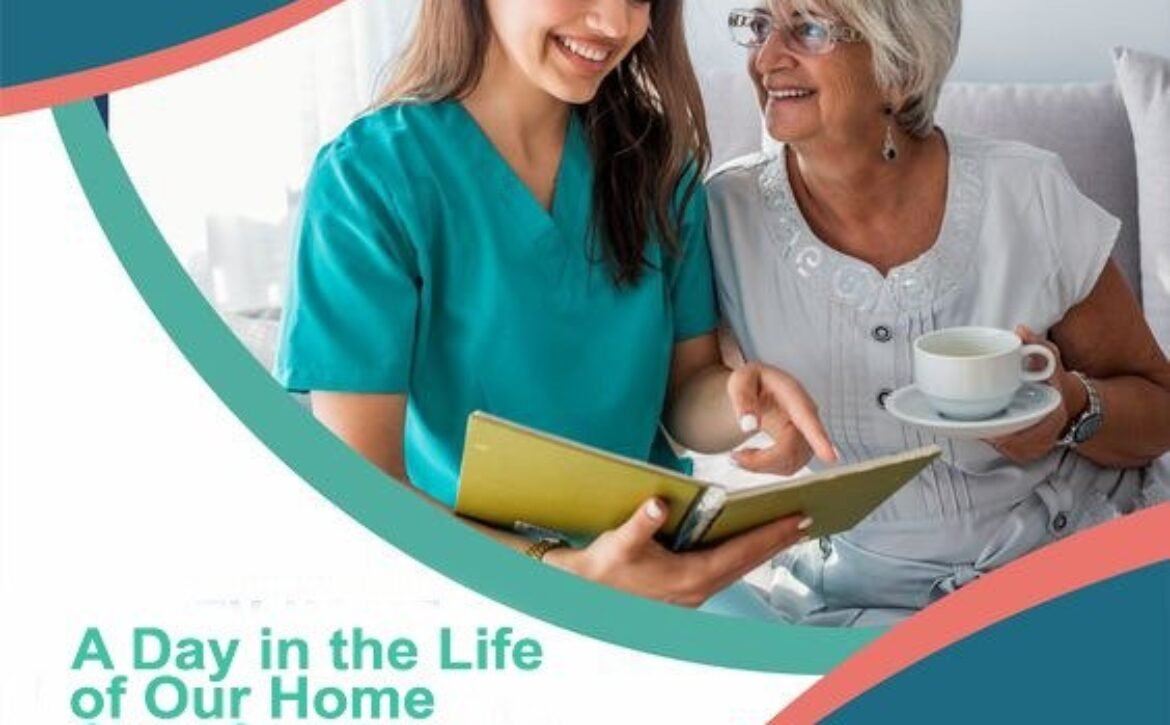 Caregiver assisting an elderly woman with a smile.