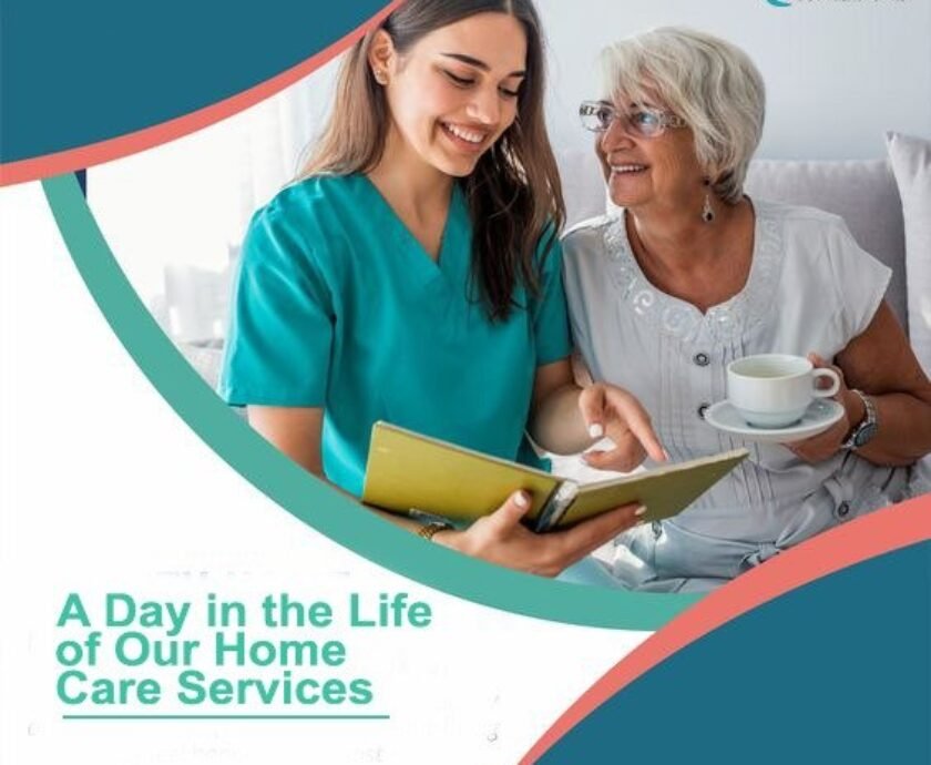 Caregiver assisting an elderly woman with a smile.