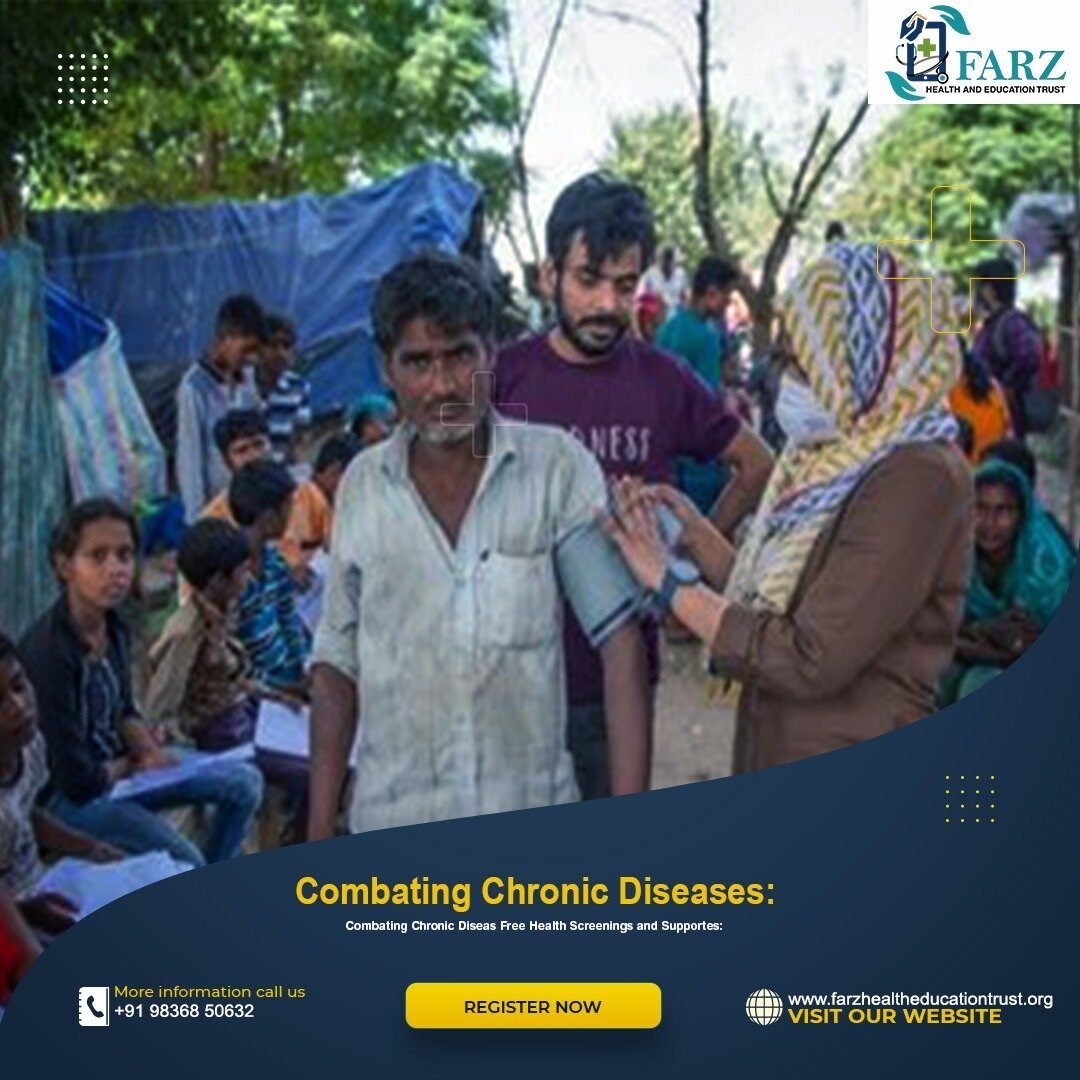 A healthcare worker checks a man's blood pressure at a free health screening camp in a rural area.