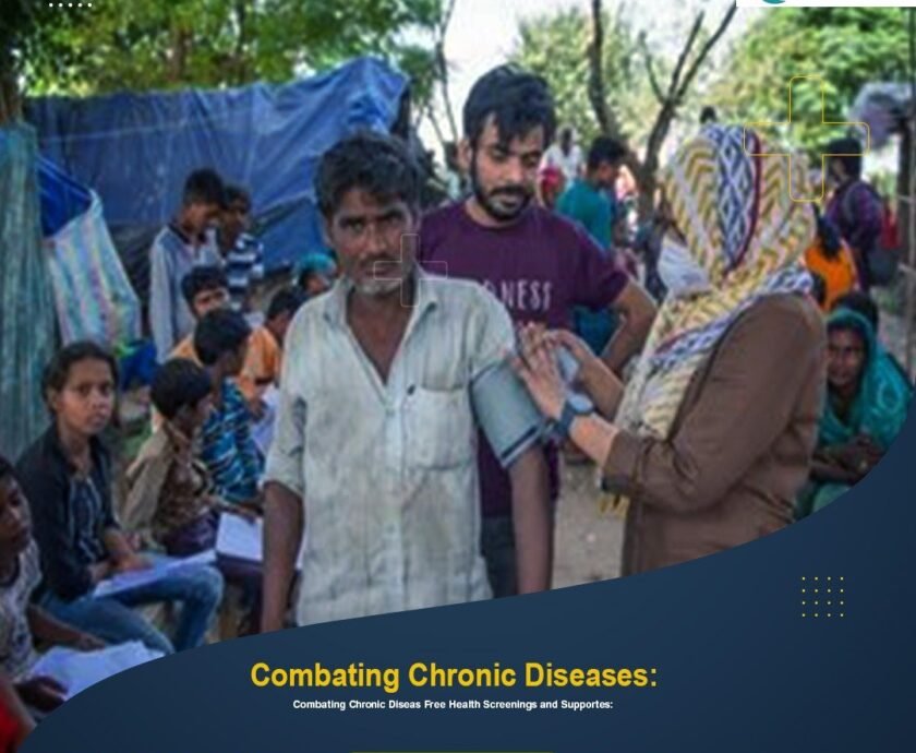 A healthcare worker checks a man's blood pressure at a free health screening camp in a rural area.