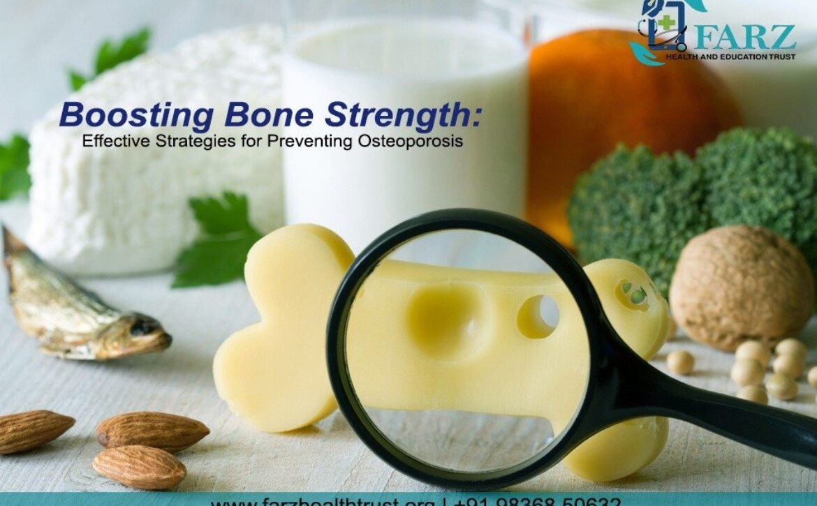 A magnifying glass highlights a bone-shaped cheese among foods rich in calcium like almonds, fish, and broccoli, symbolizing bone health.