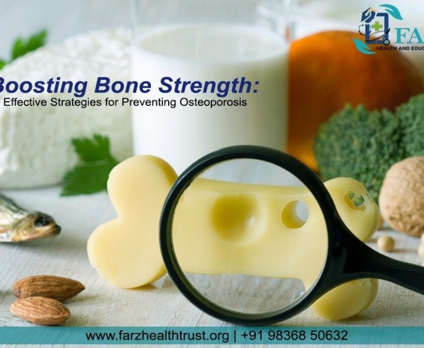 A magnifying glass highlights a bone-shaped cheese among foods rich in calcium like almonds, fish, and broccoli, symbolizing bone health.