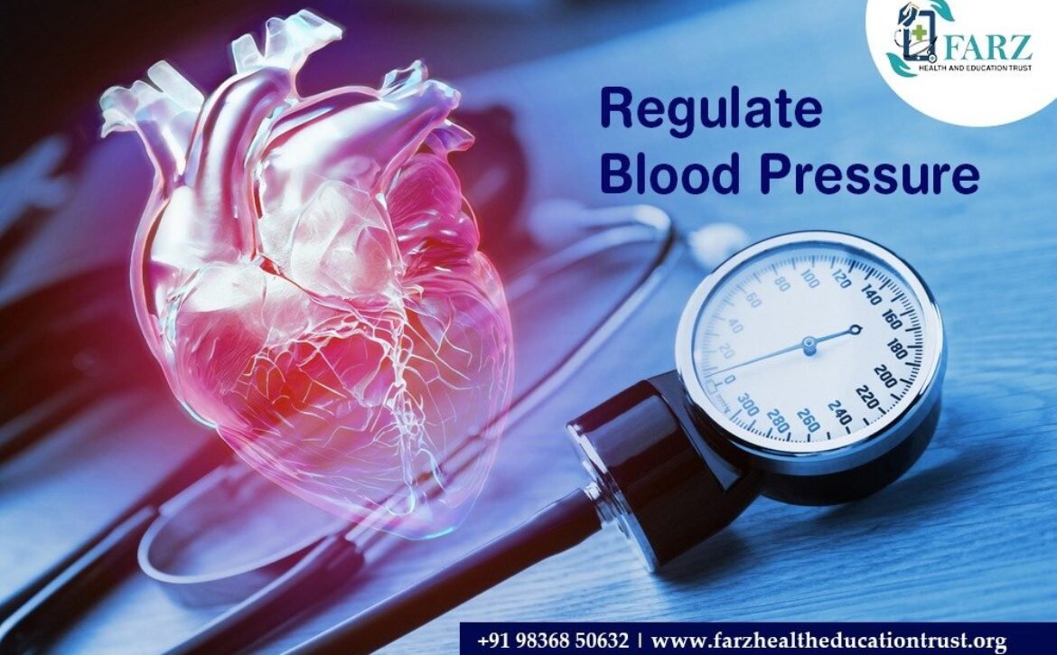 A medical image of a heart model and a blood pressure monitor, highlighting the concept of regulating blood pressure.
