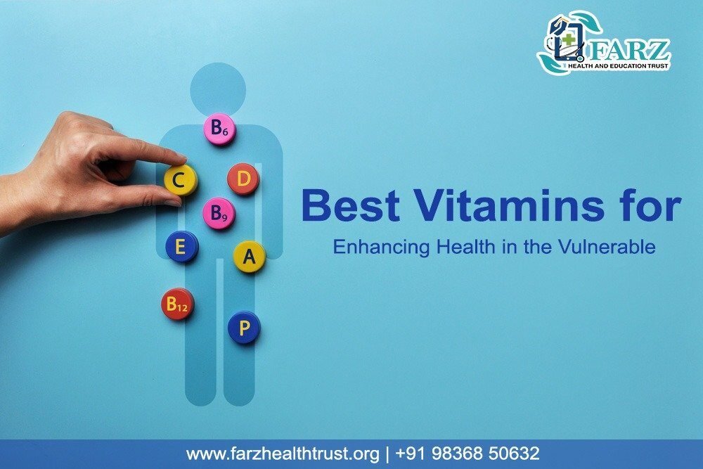 Hand placing vitamin symbols (A, B6, B9, B12, C, D, E, P) on a human figure, promoting health.