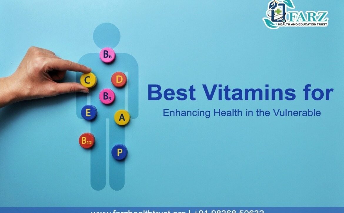 Hand placing vitamin symbols (A, B6, B9, B12, C, D, E, P) on a human figure, promoting health.