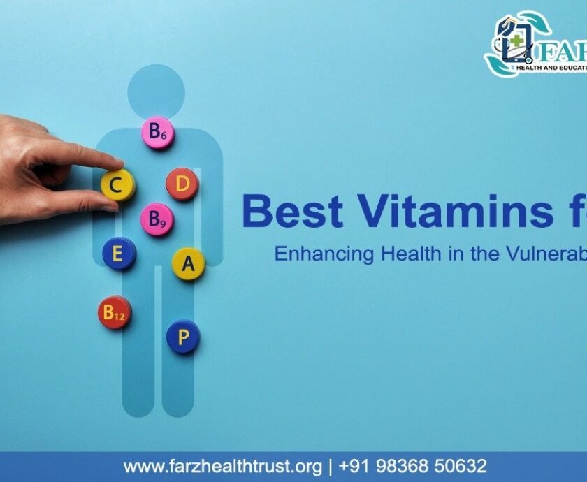 Hand placing vitamin symbols (A, B6, B9, B12, C, D, E, P) on a human figure, promoting health.