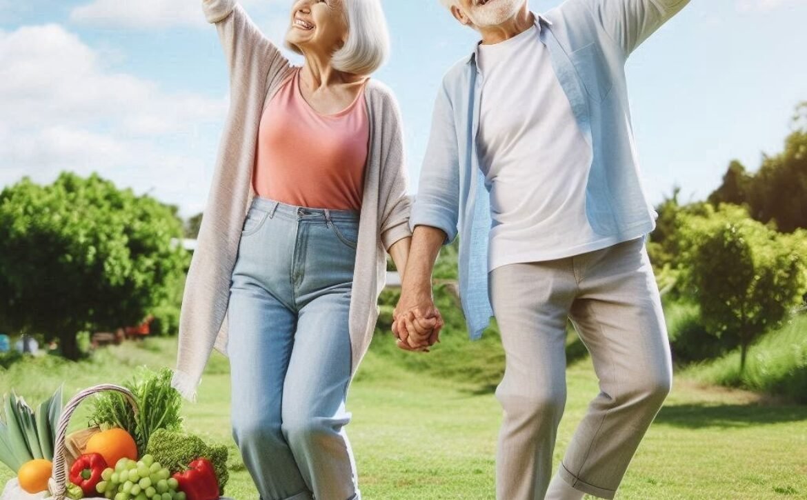 Two elderly people happily walking in a garden with a basket full of fresh fruits and vegetables, symbolizing a healthy lifestyle.