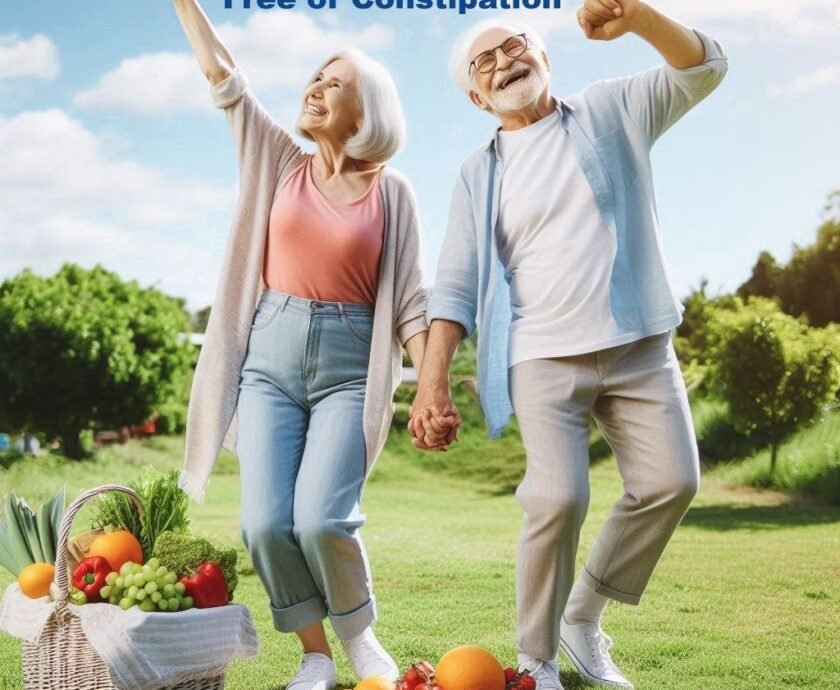 Two elderly people happily walking in a garden with a basket full of fresh fruits and vegetables, symbolizing a healthy lifestyle.