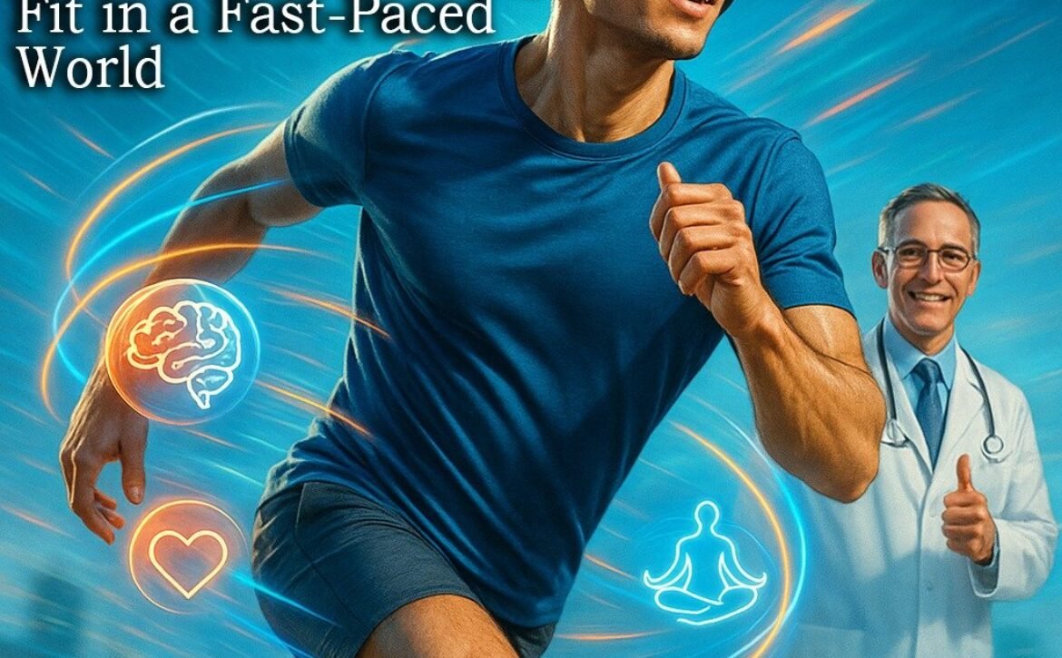 An energetic young man runs while wearing headphones, with glowing icons of a brain, heart, and meditating person swirling around him. In the background, a smiling doctor gives a thumbs-up. Text on the image reads "Youth & Health: How to Stay Mentally Fit in a Fast-Paced World," with the Farz Health and Education Trust logo and website.