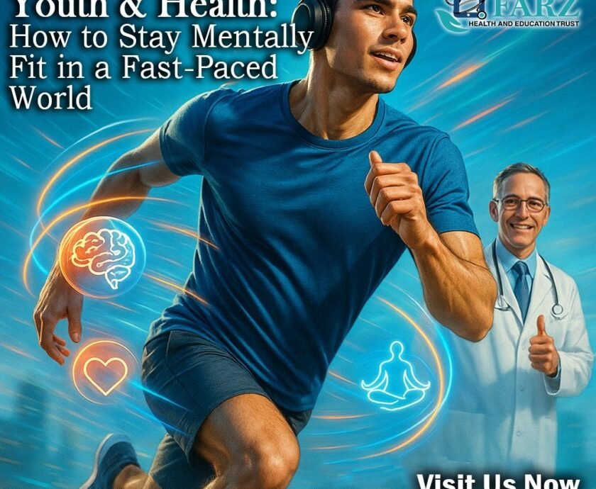 An energetic young man runs while wearing headphones, with glowing icons of a brain, heart, and meditating person swirling around him. In the background, a smiling doctor gives a thumbs-up. Text on the image reads "Youth & Health: How to Stay Mentally Fit in a Fast-Paced World," with the Farz Health and Education Trust logo and website.
