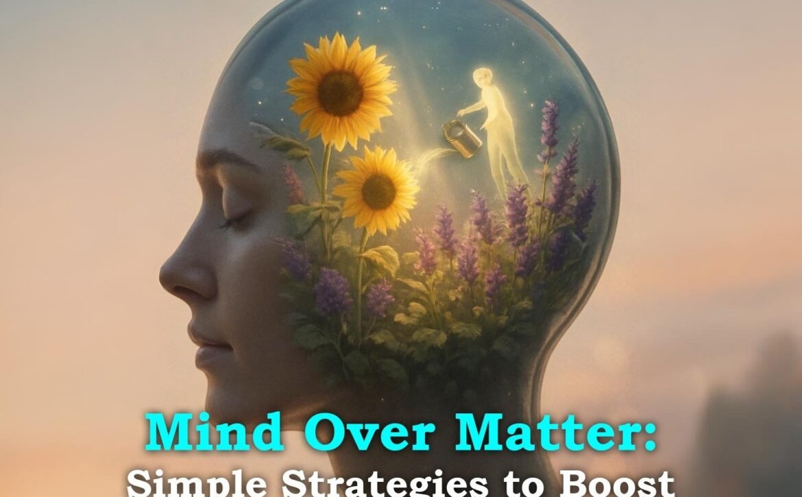 An artistic image from Farz Health and Education Trust for 'Mind Over Matter,' showing a figure nurturing a garden of sunflowers inside a person's head to symbolize simple strategies for boosting mental wellbeing.