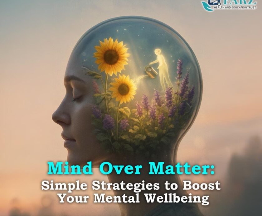 An artistic image from Farz Health and Education Trust for 'Mind Over Matter,' showing a figure nurturing a garden of sunflowers inside a person's head to symbolize simple strategies for boosting mental wellbeing.
