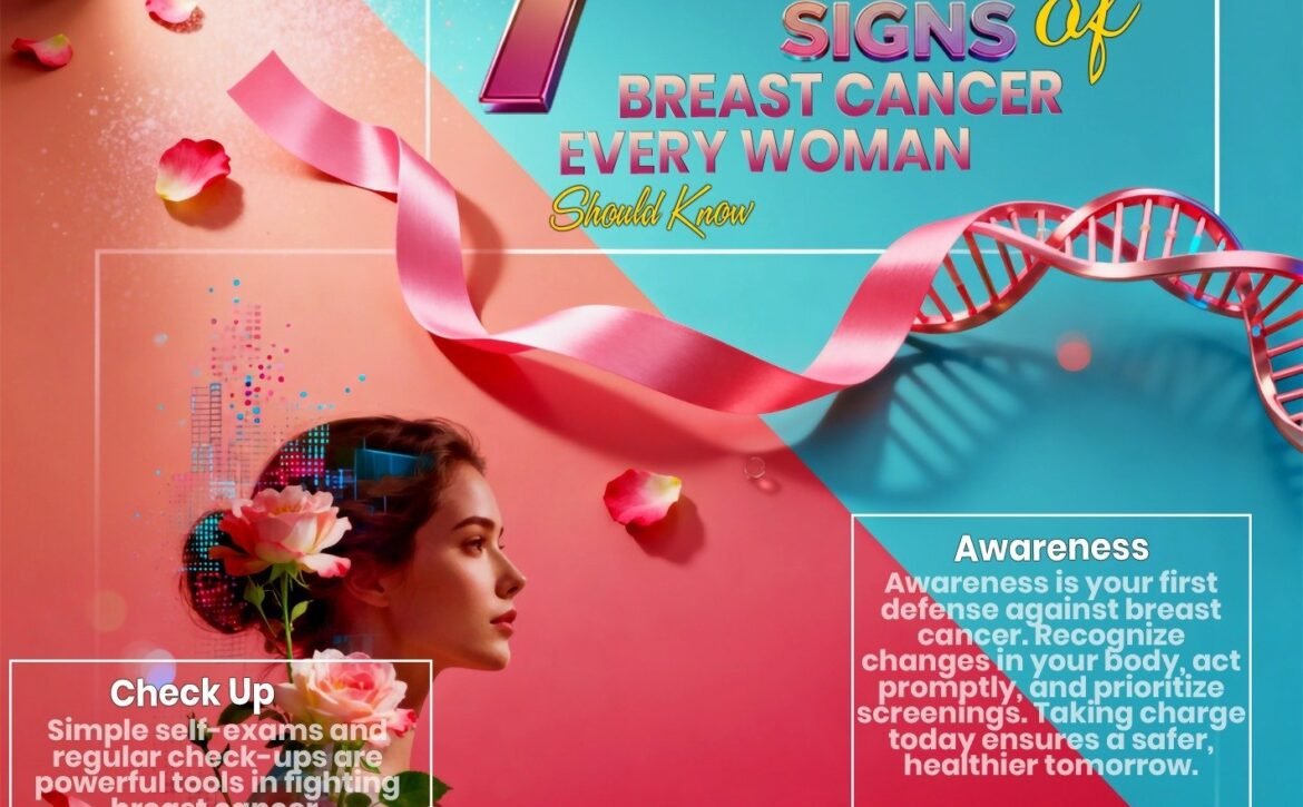 Infographic showing 7 early warning signs of breast cancer for women's health awareness, highlighting self-exams and prompt medical consultation