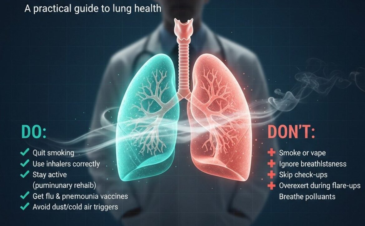 COPD management infographic showing do's and don'ts with illustrated lungs - quit smoking, use inhalers correctly, stay active, get vaccines, avoid triggers vs don't smoke, ignore symptoms, skip checkups, overexert, breathe pollutants