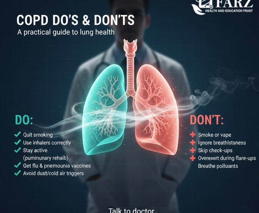 COPD management infographic showing do's and don'ts with illustrated lungs - quit smoking, use inhalers correctly, stay active, get vaccines, avoid triggers vs don't smoke, ignore symptoms, skip checkups, overexert, breathe pollutants