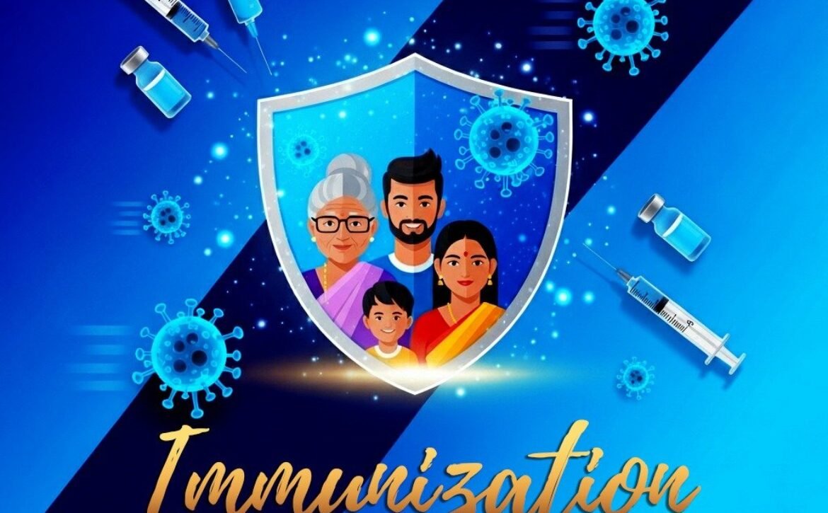 Graphic illustrating immunization as a protective shield around a family against viruses, featuring vaccine syringes and the Farz Health and Education Trust logo.