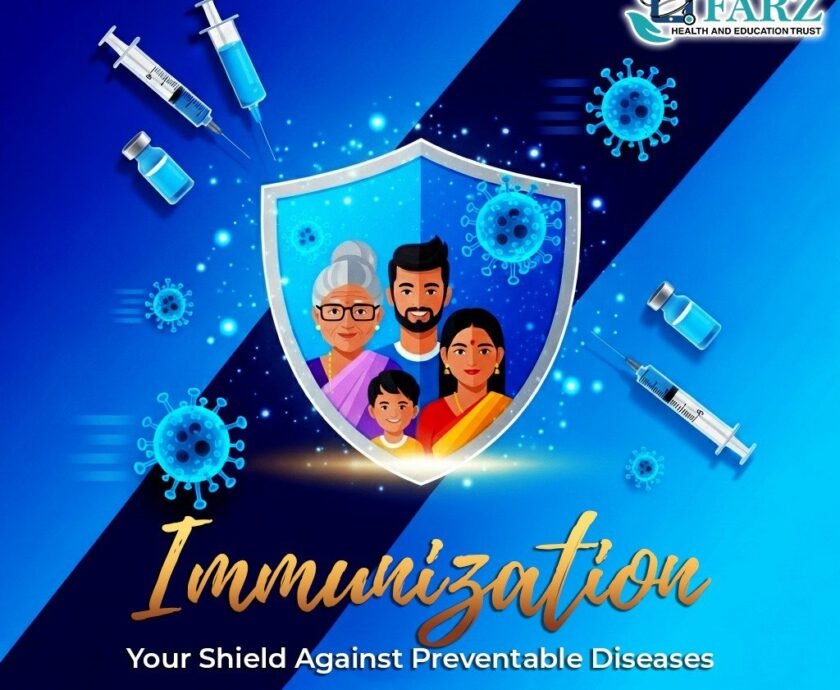 Graphic illustrating immunization as a protective shield around a family against viruses, featuring vaccine syringes and the Farz Health and Education Trust logo.